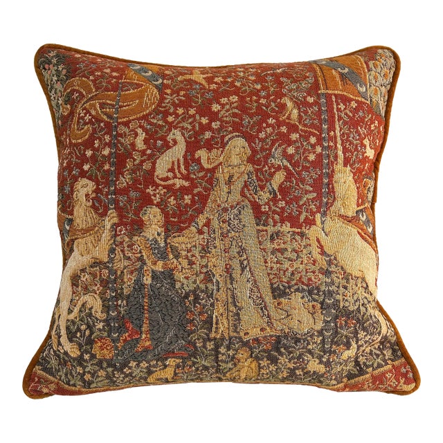 Vintage English Lady and the Unicorn Medieval Tapestry 19.5” Pillow With Gold Velvet Back With Down Insert For Sale