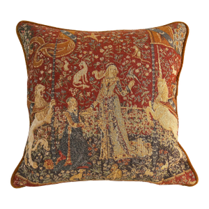 Vintage English Lady and the Unicorn Medieval Tapestry 19.5” Pillow With Gold Velvet Back With Down Insert