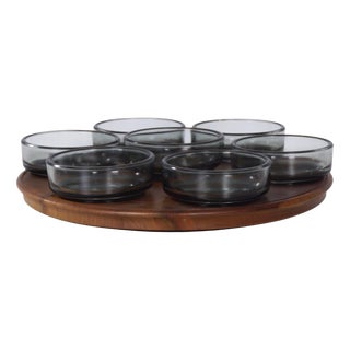 Vintage Teak Lazy Susan with Glass Bowls, 1960s, Set of 8 For Sale