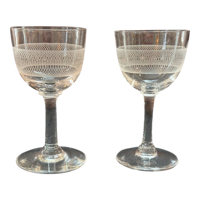 Clear Wheel-Etched Cordial Vintage Glasses - A Pair For Sale