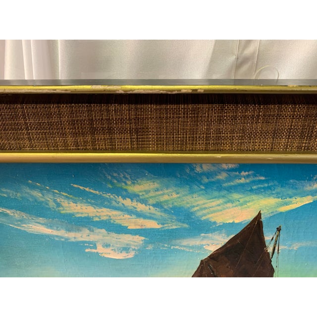 Textile Vintage Tom Wong Original Oil on Canvas, Ship at Sea For Sale - Image 7 of 12