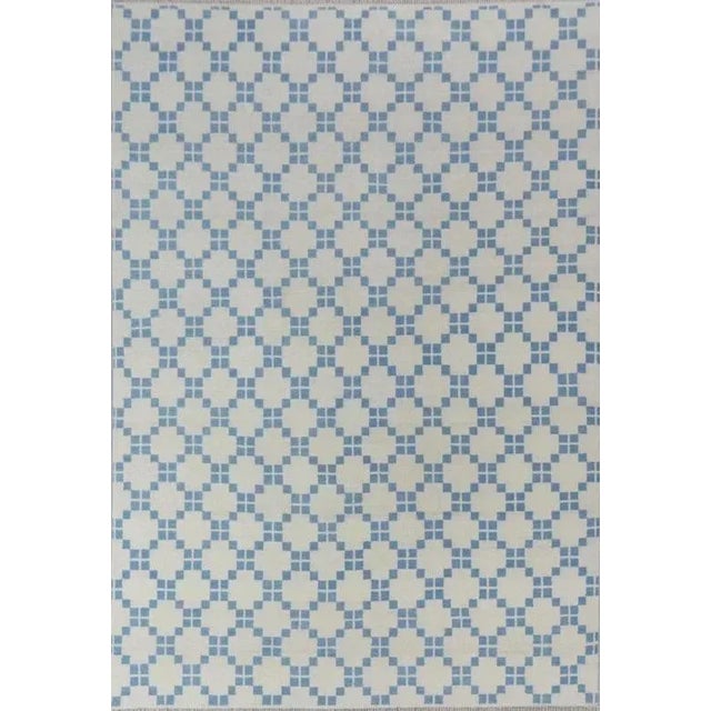 Modern Handknotted Geometric Oushak Rug in Blue & Cream, 5' x 7' For Sale