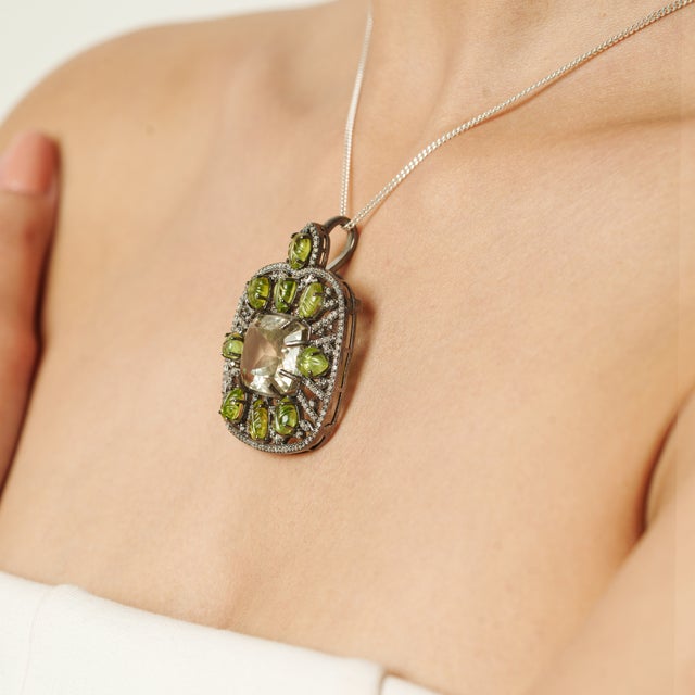 Lime Art Deco Green Amethyst & Diamond Large Pendant With Carved Leaf Peridot For Sale - Image 8 of 11