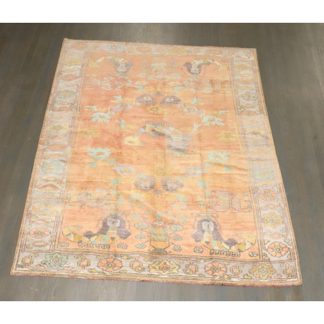 Folk Art Vintage Zabihi Collection Peach Orange Turkish Anatolian Mermaid Rug - 5'8" x 7'4" For Sale - Image 3 of 11