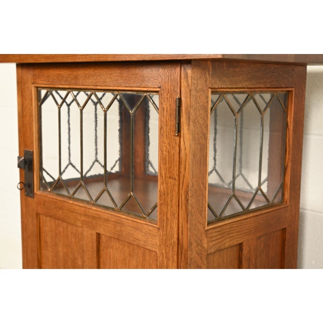 Wood Stickley Roycroft Mission Oak Arts & Crafts Chafing Dish Stand or Side Cabinet With Leaded Glass For Sale - Image 7 of 15