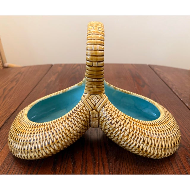 French Sarreguemines French Majolica Ceramic Trompe L’oeil Basket With Faux Bamboo Wicker Detailing and Blue Interior For Sale - Image 3 of 12