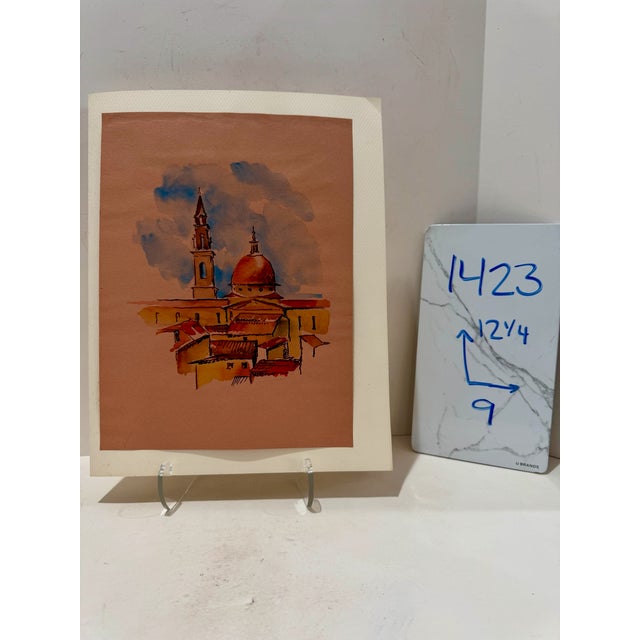 1940s Henry Emil Salloch Original Watercolor on Paper Italian Cathedral Dome and Campanile. For Sale - Image 5 of 5