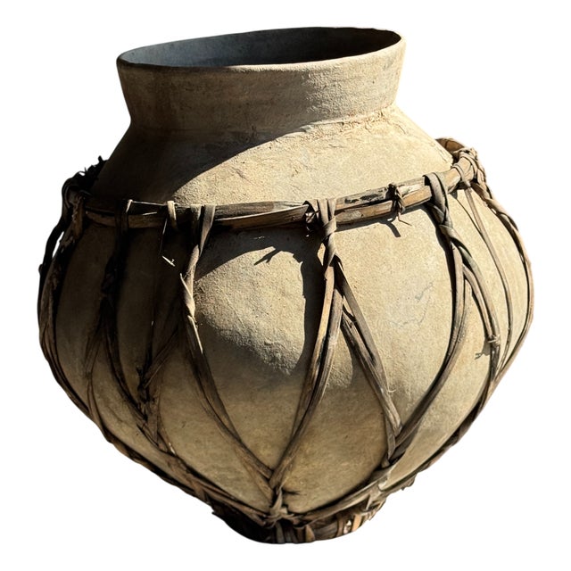 Large Light Grey Terracotta Pot with Brown Rattan Handles and Crossbars, 1960s For Sale