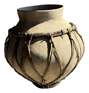Large Light Grey Terracotta Pot with Brown Rattan Handles and Crossbars, 1960s