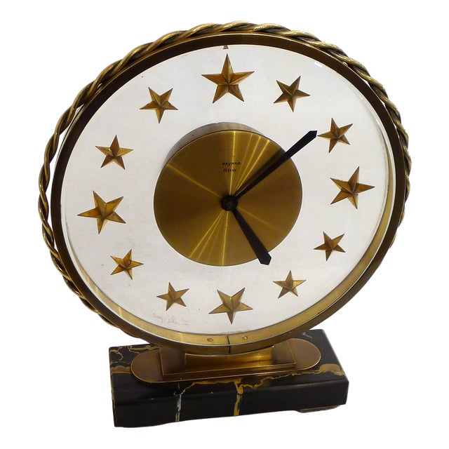 Starry Table Clock in Marble, Brass and Glass by Bayard and Lalique, 1950s For Sale
