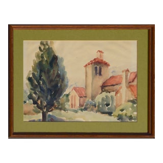 Mid-Century California Mission Landscape Watercolor For Sale