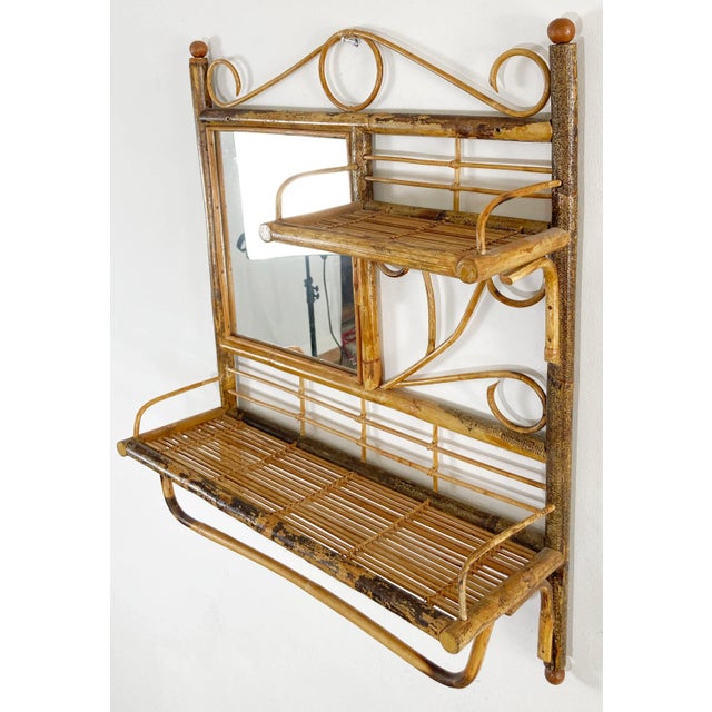 Vintage Mirrored Scorched Bamboo Wall Shelf Towel Rack For Sale - Image 4 of 7