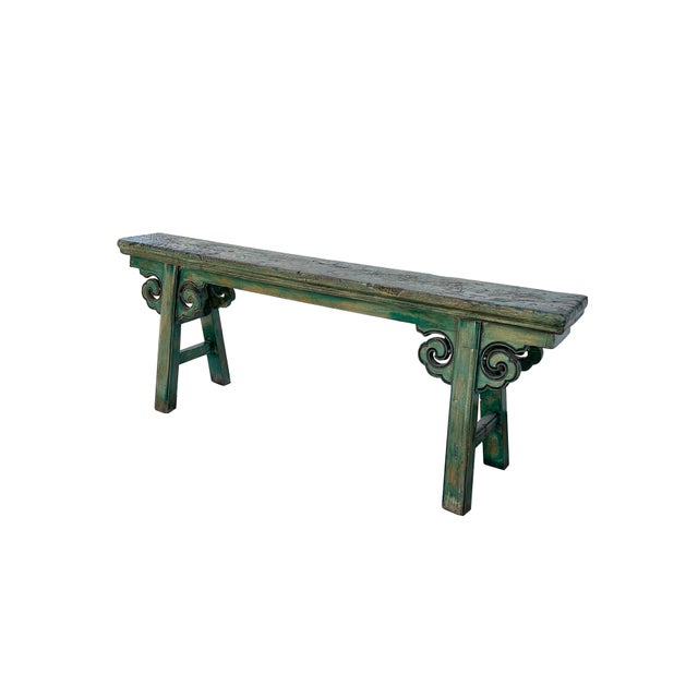 Distressed Brown Green Blue Village Slim Narrow Scroll Apron Wood Bench For Sale - Image 4 of 7