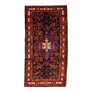 1960s Vintage Persian Hamadan Hand-Knotted With Blue Field and Multicolor Accents Wool Rug For Sale
