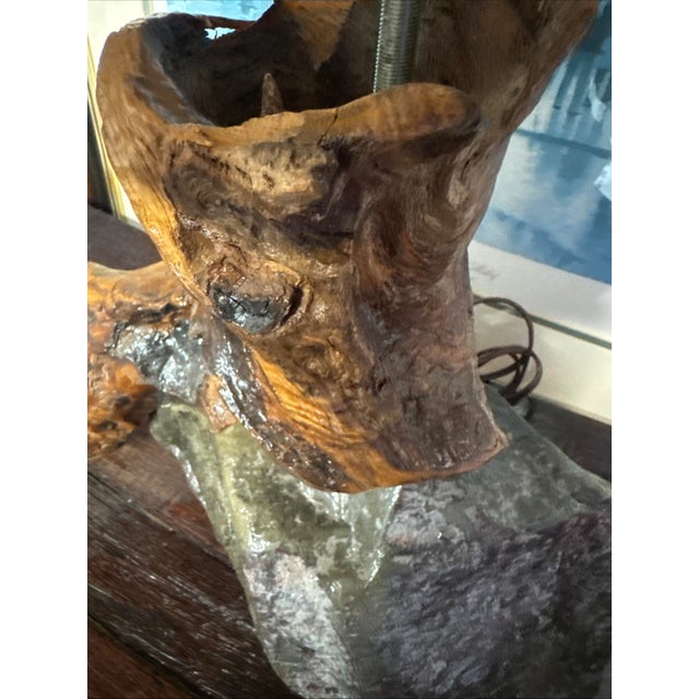 Stone Large Mid-Century Studio Craft Burl Root & Unakite Stone Lamp With Organic Fiber Shade — 16” For Sale - Image 7 of 17