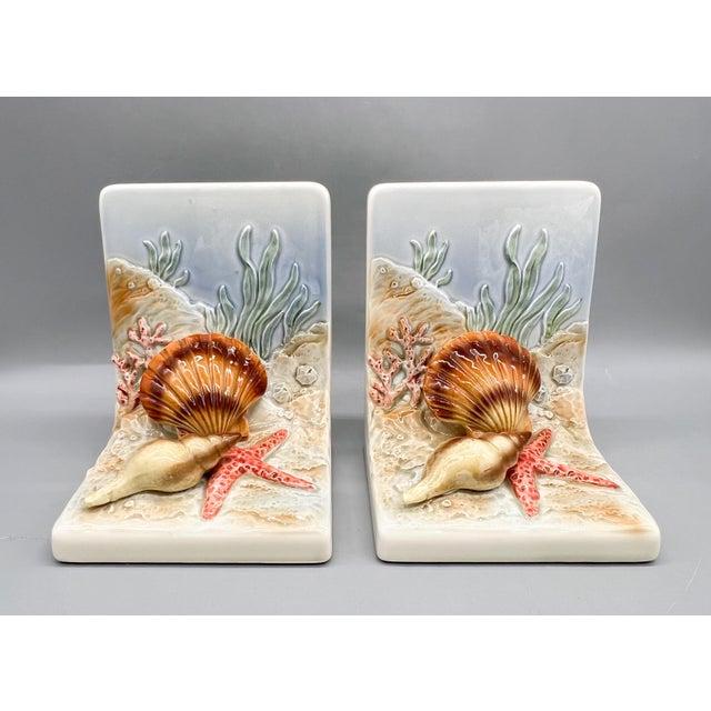 Hollywood Regency Vintage Otagiri Japan Ceramic Seashell & Starfish Bookends — Coastal / Nautical For Sale - Image 3 of 11