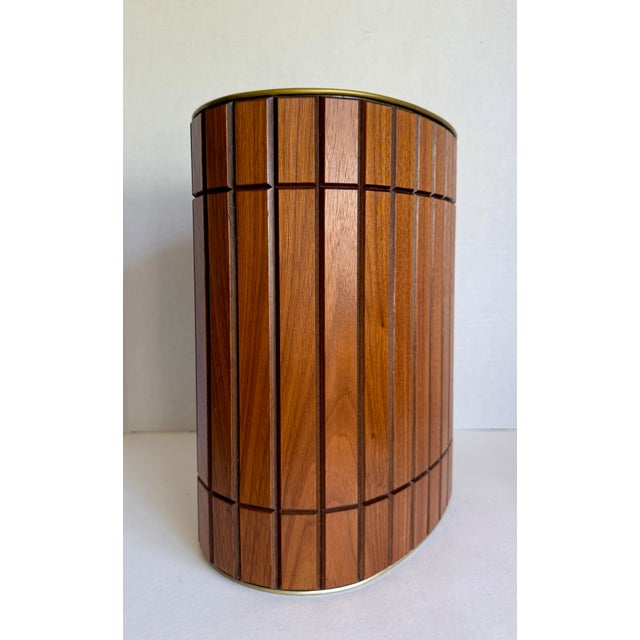 1960s 1960s Ransburg Wood Slat & Gold Metal Oval Wastebasket For Sale - Image 5 of 11
