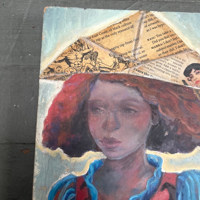 Contemporary original female portrait painting / collage. Signed. Measures approximately 7x8.25. Check out my shop Robins...