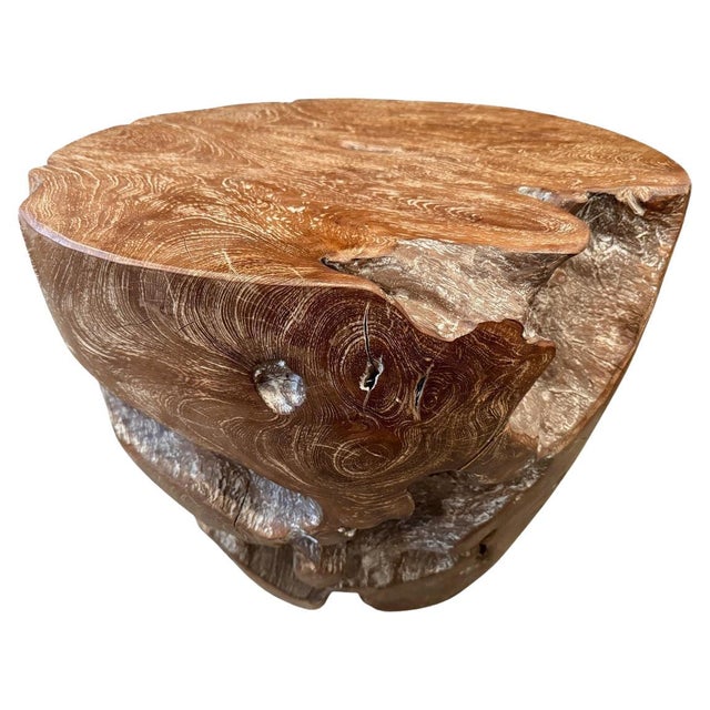 Impressive natural teak side table hand carved from a single reclaimed teak root into this sculptural drum shape. We added...