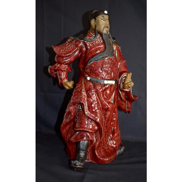 Vintage Chinese Shiwan Pottery Guan Yu Statue Oxblood Glazed Ceramic Guan Gong For Sale - Image 10 of 18