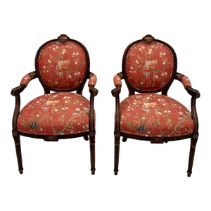 Scalamandre Upholstered English Hand Carved Mahogany Armchairs -A Pair