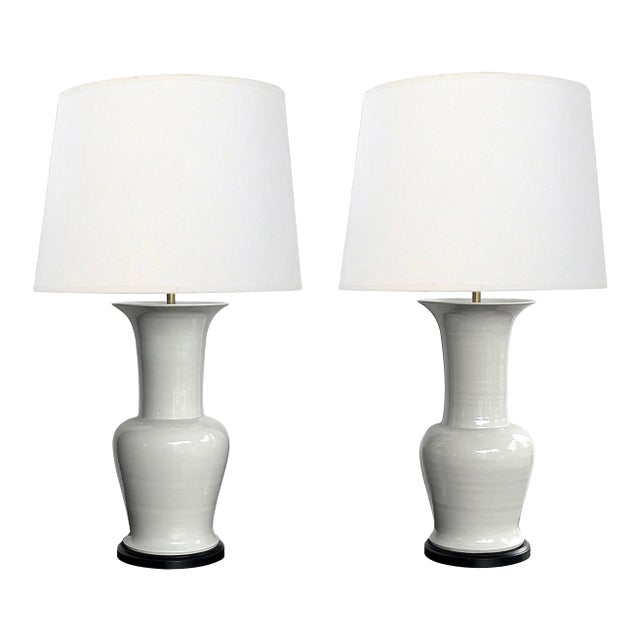 Imposing Pair Chinese Off-White Glazed Ceramic Baluster Form Lamps For Sale