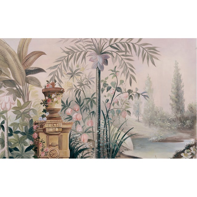 36" * H108" * 5ps, Hand-Painted Morandi Misty Classical Garden Tropical Bird & Foliage Wall Mural, Neoclassical Tropical Landscape Mural For Sale - Image 4 of 9