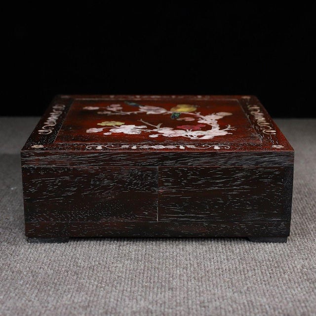 Wood Late 20th Century Wooden Swivel Top Box With Mother-of-Pearl Bird and Floral Inlay For Sale - Image 7 of 10