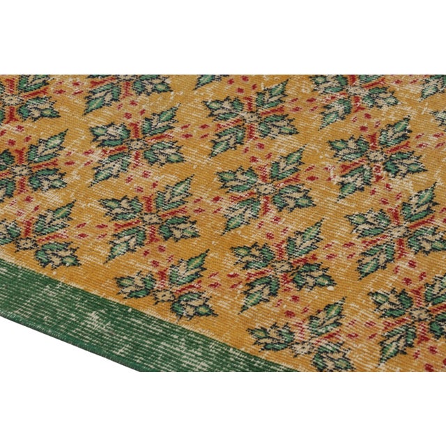 Traditional Vintage Distressed Rug, Gold Field & Green Geometric Floral Motifs - Rug & Kilim For Sale - Image 3 of 8