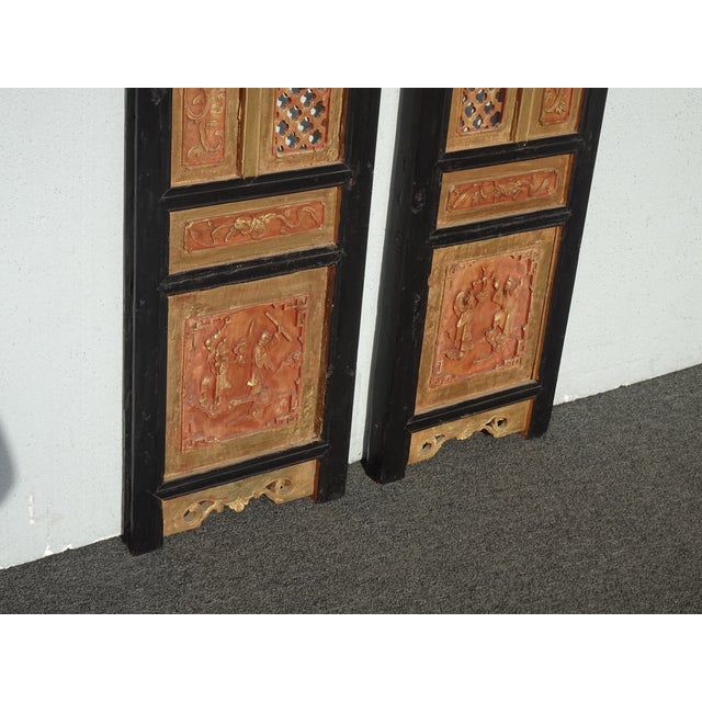 Wood Pair Antique Chinese Hand Carved Gold & Red Panel Screens Pictures Wall Decor For Sale - Image 7 of 18