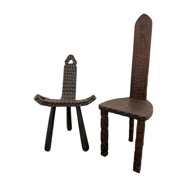 Pair of 19th Century Folk Art Wooden Chairs Including Primitive Birthing Chair For Sale - Image 10 of 12