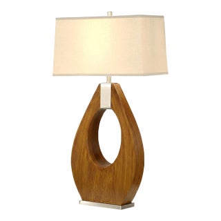 Mid Century Modern 30" Pearson Table Lamp - Pecan Wood & Brush Nickel, 3-Way Rotary Switch For Sale