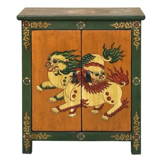 Tibetan Style Green Orange Two Snowlions End Table Nightstand For Sale