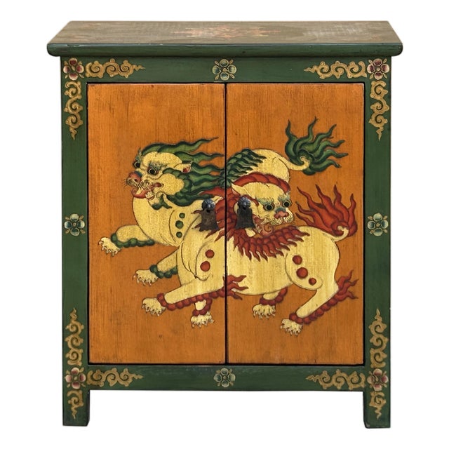 Tibetan Style Green Orange Two Snowlions End Table Nightstand For Sale