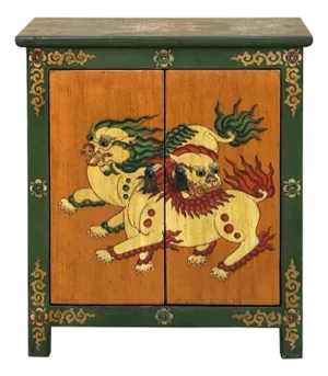 Tibetan Style Green Orange Two Snowlions End Table Nightstand