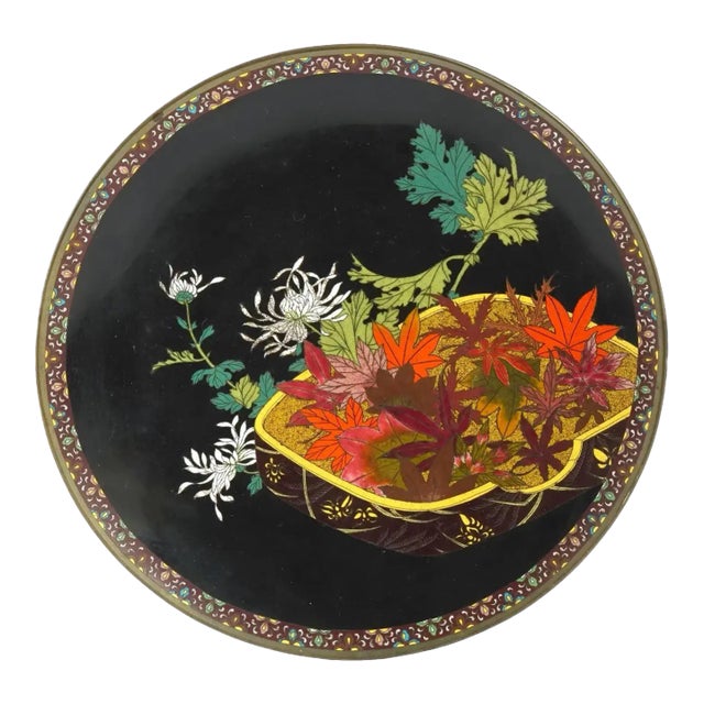 Late 19th Century Meiji Japanese Cloisonne Enamel Plate Autumn Leaves Chrysanthemum Flowers For Sale