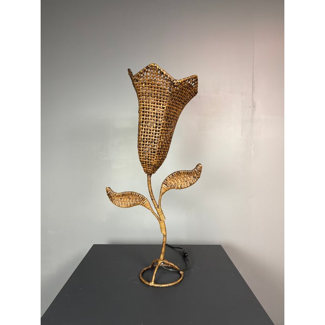 Large Mid-Century French Rattan Wicker Flower Tulip Table Lamp, 1960s For Sale - Image 13 of 16