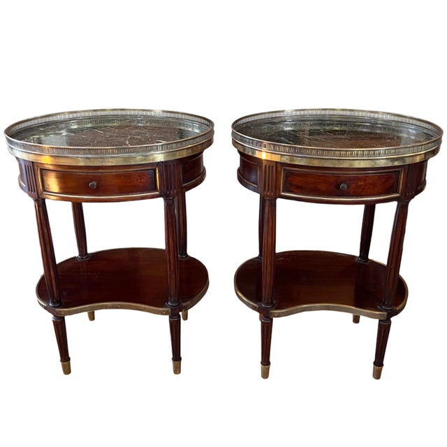 Bouillotte Tables with Marble Tops, Brass Galleries and Drawers, 1950s, Set of 2 For Sale - Image 6 of 6