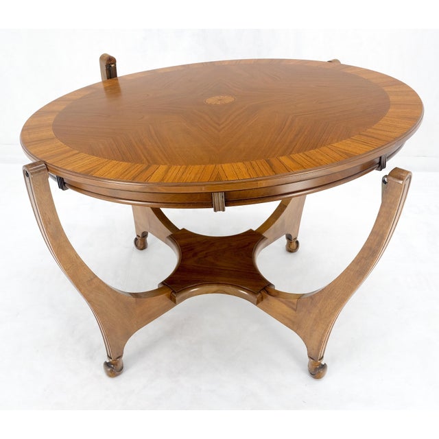 Wood Round Flip Top Art Nouveau Deco Banded Carved Walnut Game Table For Sale - Image 7 of 12
