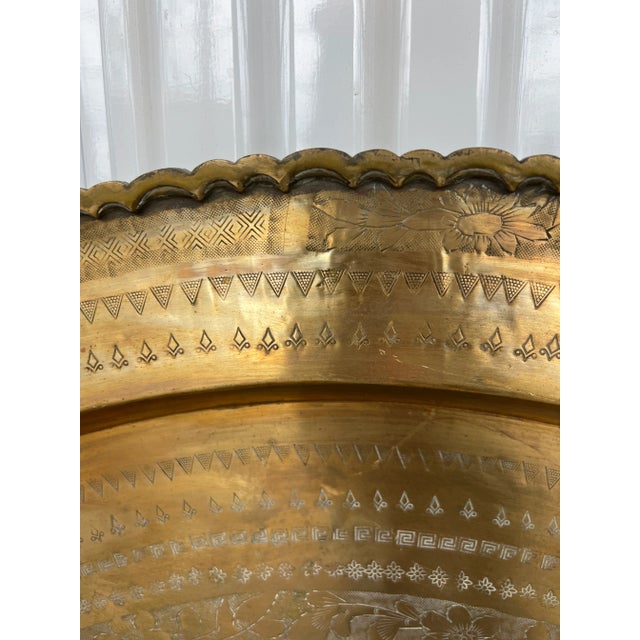 Mid 20th Century Large Asian Round Brass Tray Table, Wall Hanging, Scalloped Edges For Sale - Image 5 of 9