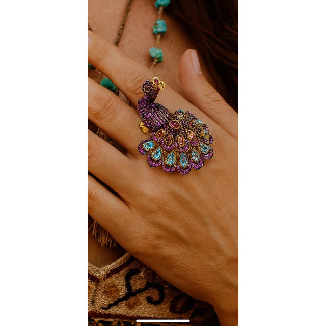 Bochic "Peacock" Vintage Diamond, Sapphire, Ruby & Gem Ring Set 18K Gold & Silver For Sale - Image 12 of 18