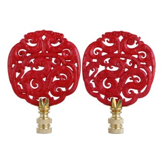 Chinese Dragon Carved Stone Finials on Brass Hardware - A Matching Pair For Sale