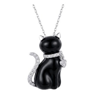 14k White Gold Black Onyx & Diamond Cat Pendant Necklace For Sale