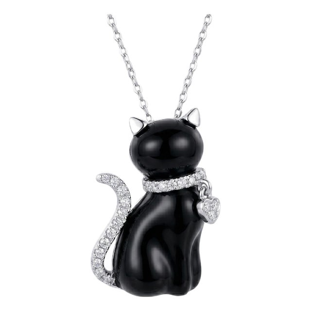 14k White Gold Black Onyx & Diamond Cat Pendant Necklace For Sale