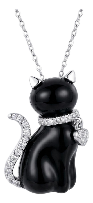14k White Gold Black Onyx & Diamond Cat Pendant Necklace