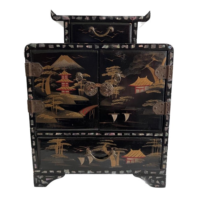 1970 Black Lacquered Jewelry Chest in the Shape of a Japanese Pagoda For Sale