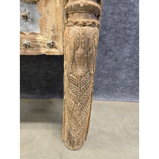 Solid Reclaimed Wood Console, Tv Stand, Carvings, One of Kind. For Sale - Image 13 of 14