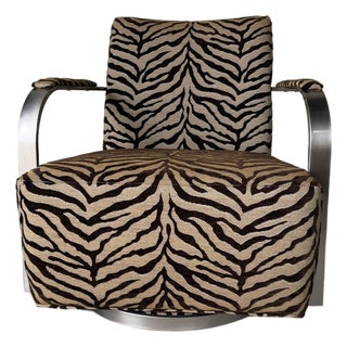 Thayer Goggin “Zac” Zebra Print Swivel Lounge Chair in Brushed Stainless Steel For Sale