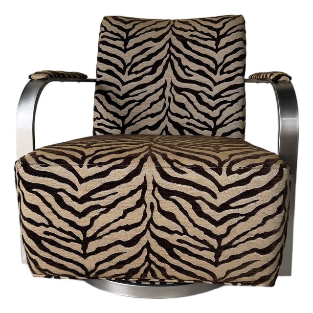 Thayer Goggin “Zac” Zebra Print Swivel Lounge Chair in Brushed Stainless Steel For Sale