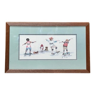 Vintage Framed Skateboarding Boys Watercolor Art Print by Ava Freeman For Sale